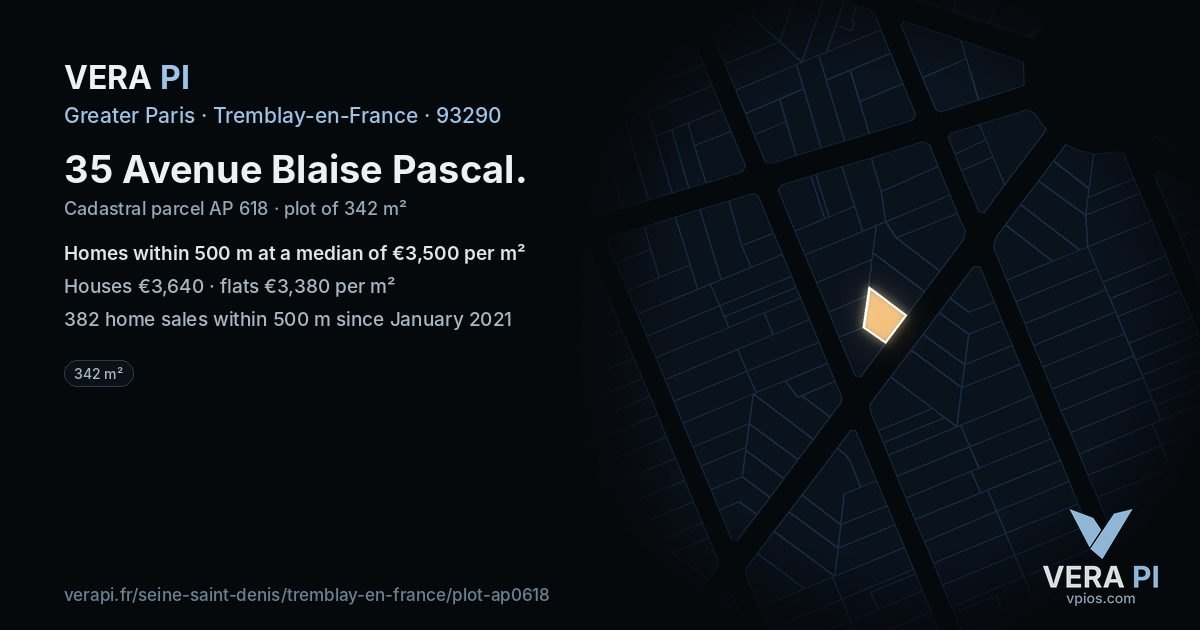 35 Avenue Blaise Pascal, Tremblay-en-France at night – the plot lit, the parcels around coloured by the prices near them