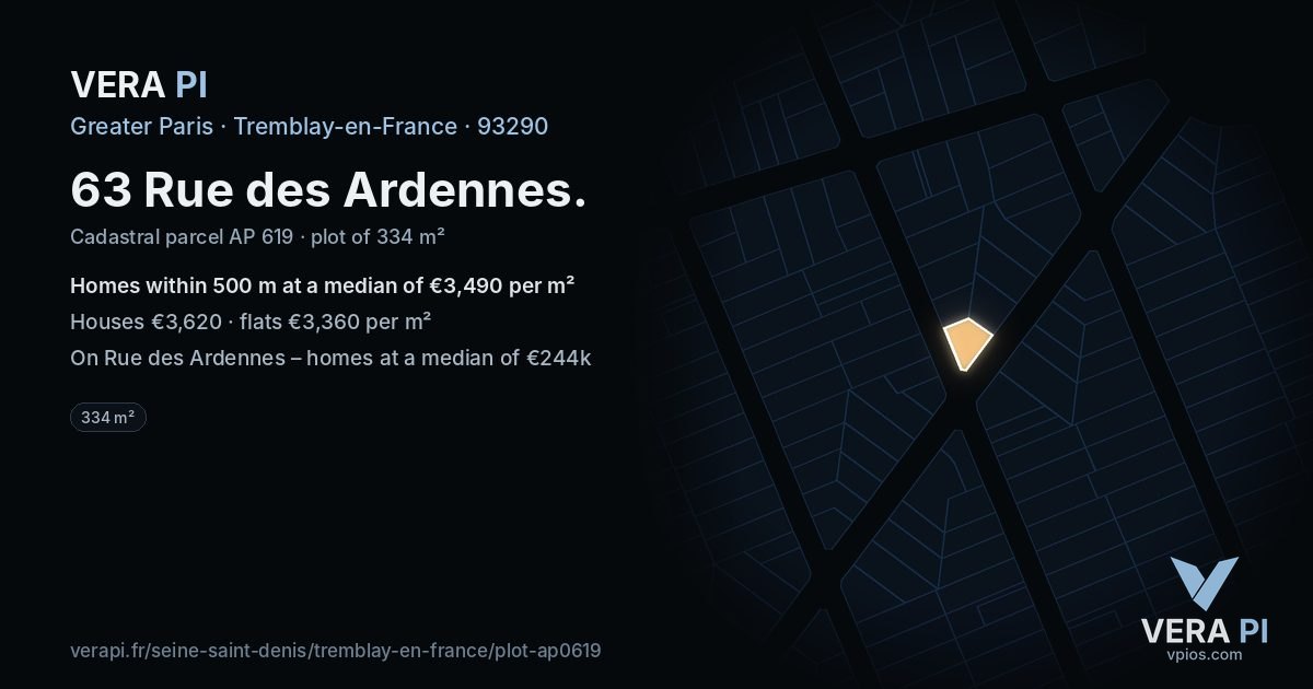 63 Rue des Ardennes, Tremblay-en-France at night – the plot lit, the parcels around coloured by the prices near them