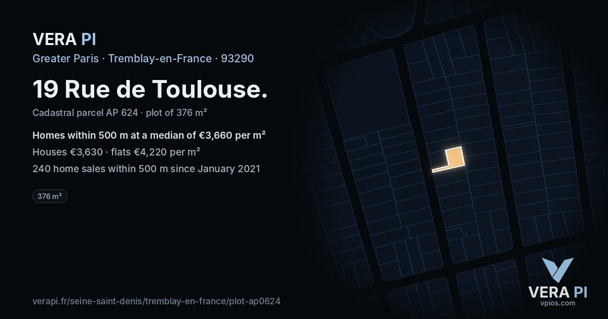 19 Rue de Toulouse, Tremblay-en-France at night – the plot lit, the parcels around coloured by the prices near them