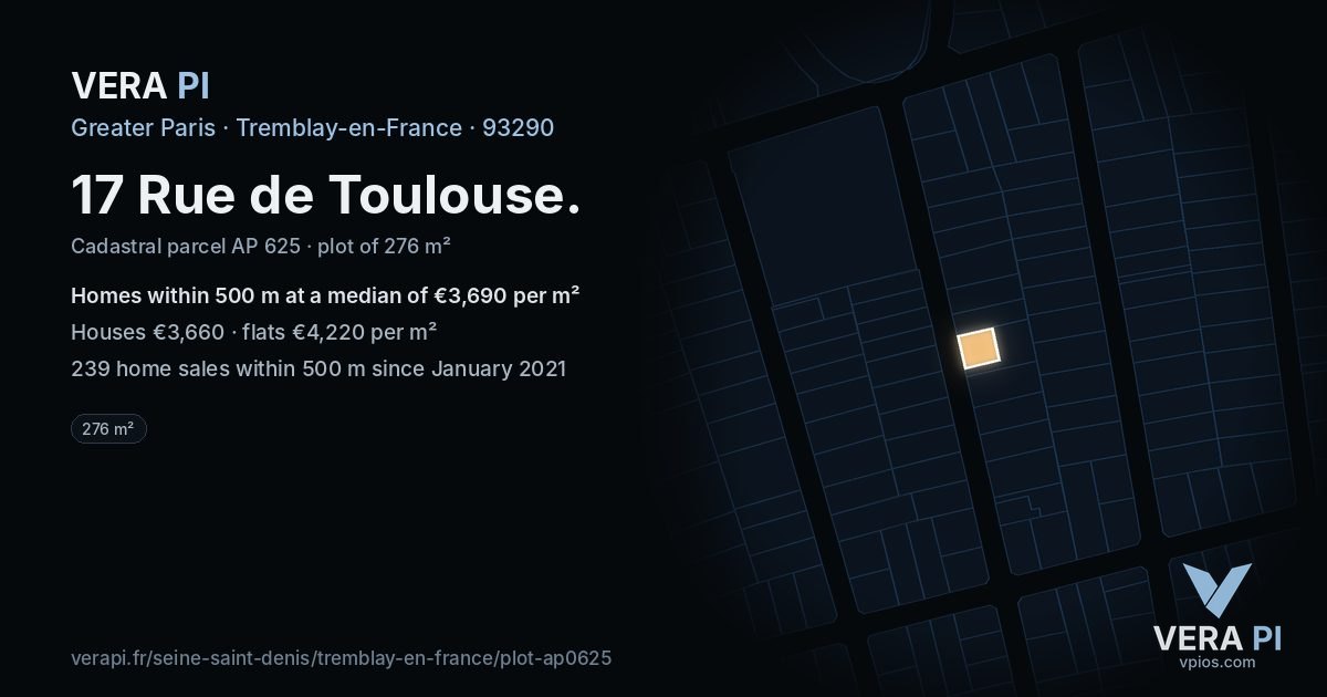 17 Rue de Toulouse, Tremblay-en-France at night – the plot lit, the parcels around coloured by the prices near them