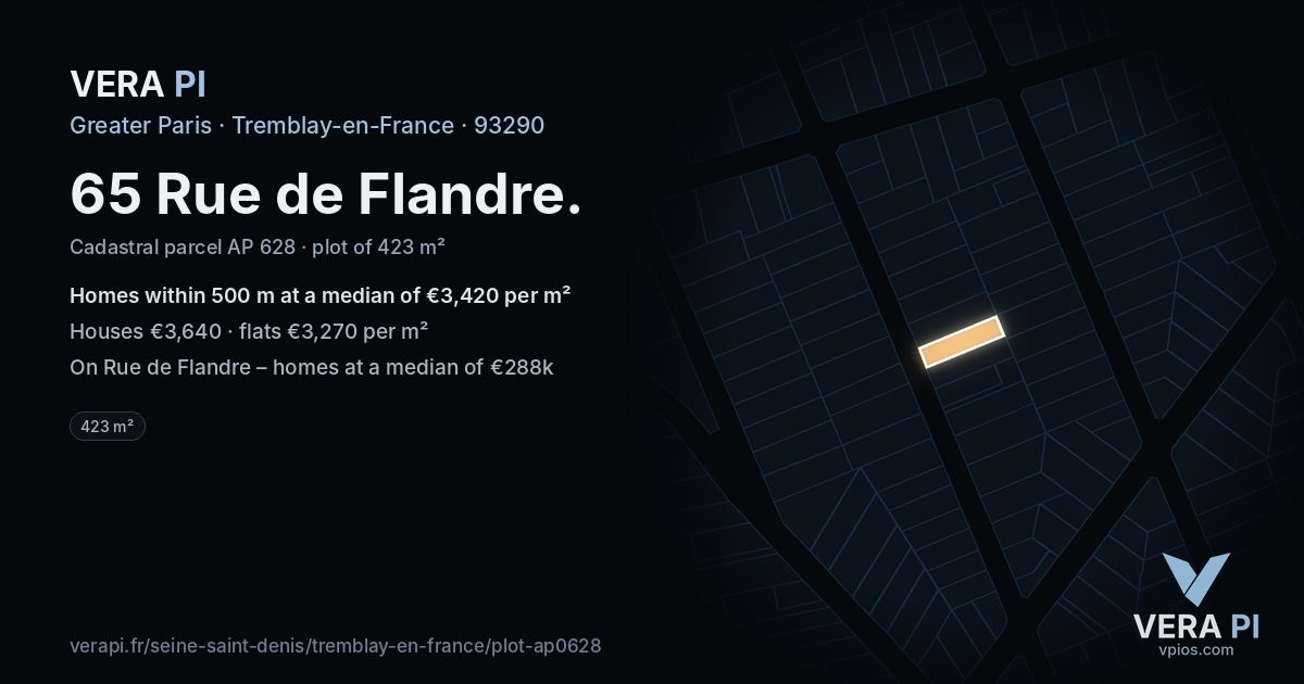 65 Rue de Flandre, Tremblay-en-France at night – the plot lit, the parcels around coloured by the prices near them