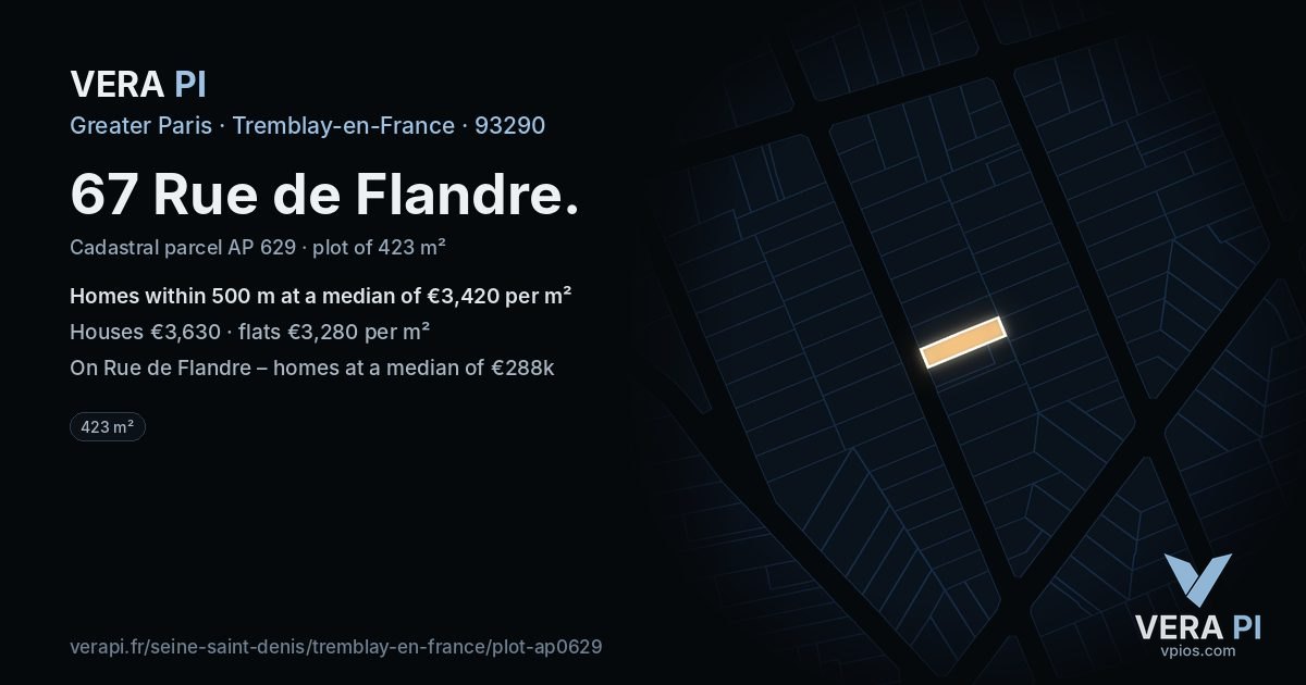 67 Rue de Flandre, Tremblay-en-France at night – the plot lit, the parcels around coloured by the prices near them