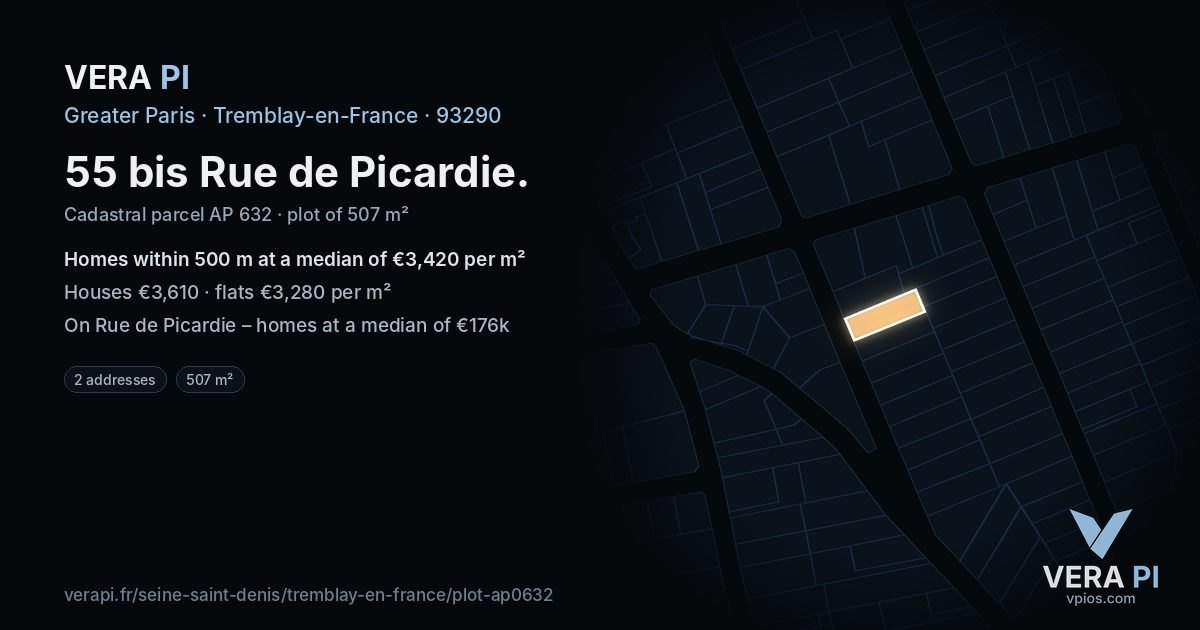 55 bis Rue de Picardie, Tremblay-en-France at night – the plot lit, the parcels around coloured by the prices near them