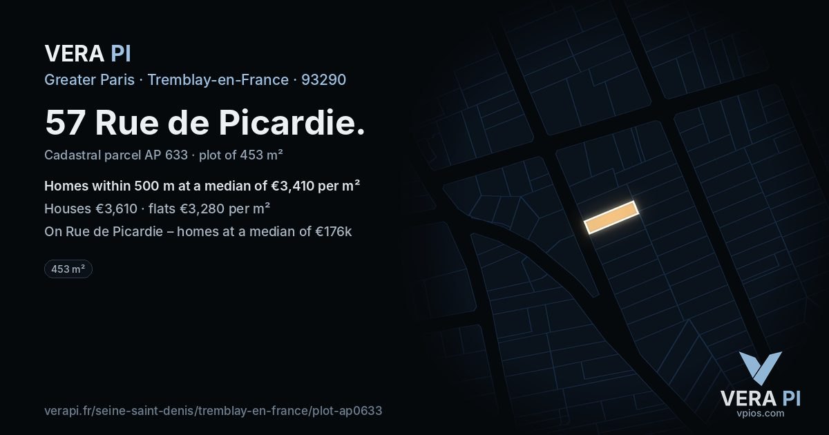 57 Rue de Picardie, Tremblay-en-France at night – the plot lit, the parcels around coloured by the prices near them