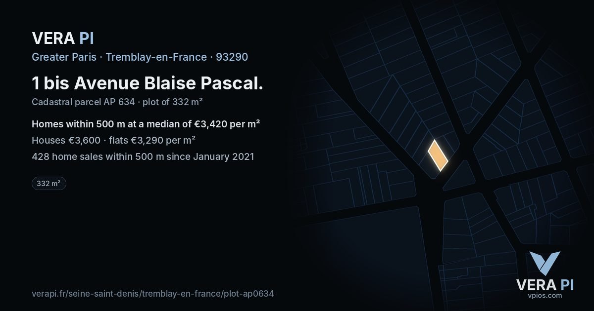 1 bis Avenue Blaise Pascal, Tremblay-en-France at night – the plot lit, the parcels around coloured by the prices near them
