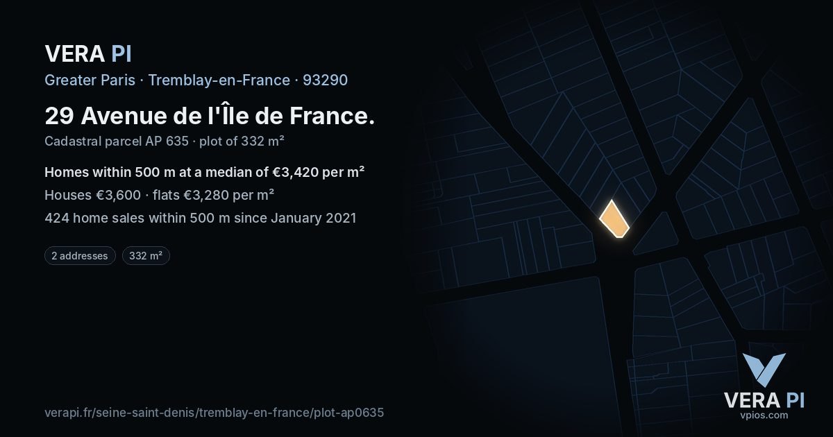 29 Avenue de l'Île de France, Tremblay-en-France at night – the plot lit, the parcels around coloured by the prices near them
