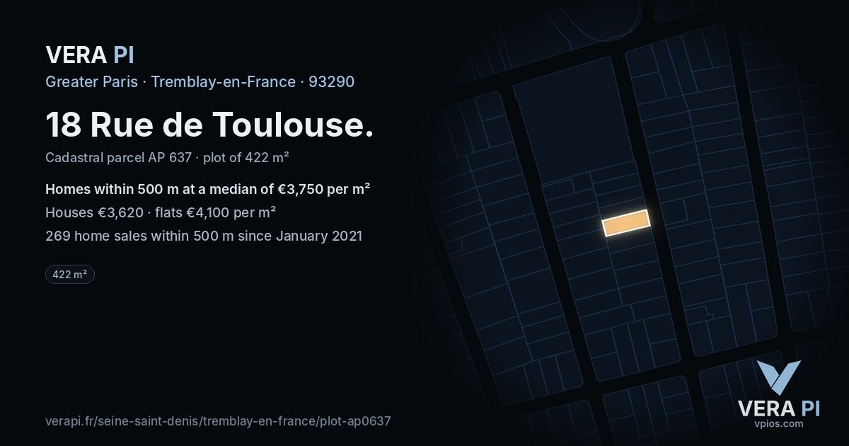 18 Rue de Toulouse, Tremblay-en-France at night – the plot lit, the parcels around coloured by the prices near them