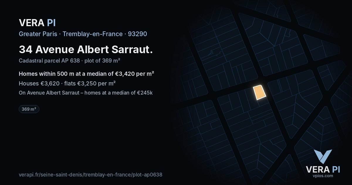 34 Avenue Albert Sarraut, Tremblay-en-France at night – the plot lit, the parcels around coloured by the prices near them