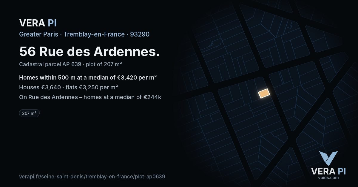 56 Rue des Ardennes, Tremblay-en-France at night – the plot lit, the parcels around coloured by the prices near them