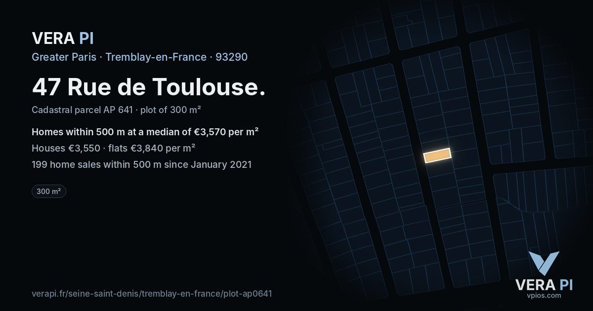 47 Rue de Toulouse, Tremblay-en-France at night – the plot lit, the parcels around coloured by the prices near them
