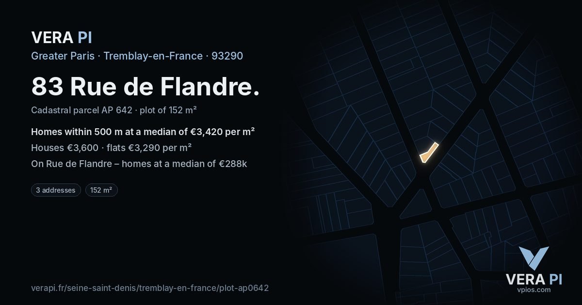 83 Rue de Flandre, Tremblay-en-France at night – the plot lit, the parcels around coloured by the prices near them