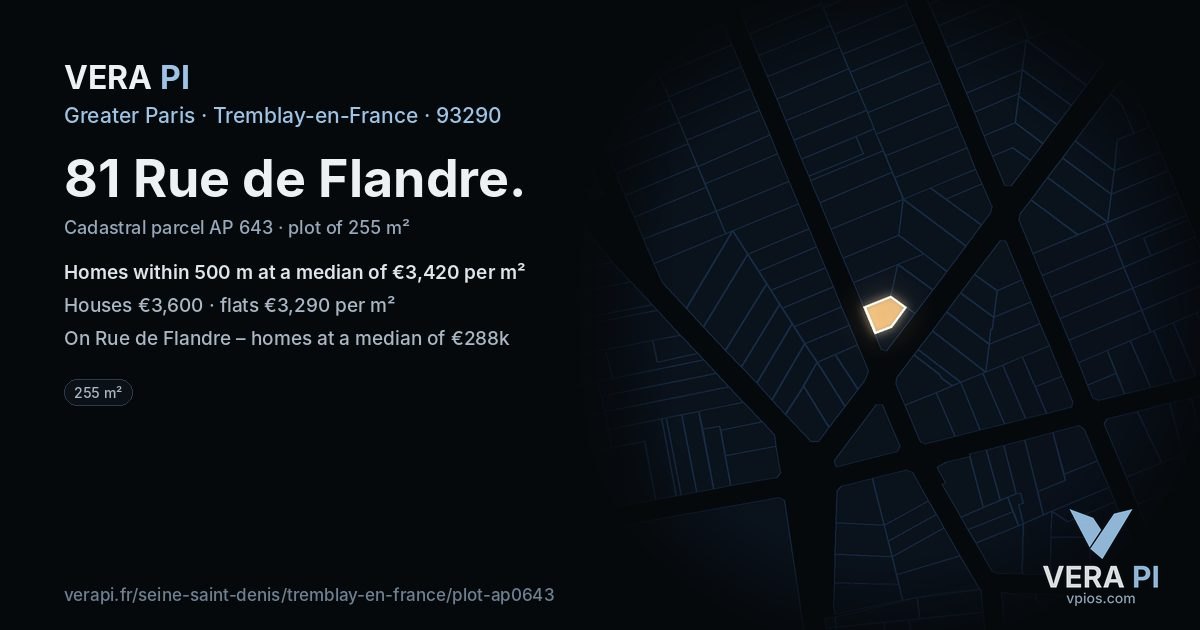 81 Rue de Flandre, Tremblay-en-France at night – the plot lit, the parcels around coloured by the prices near them