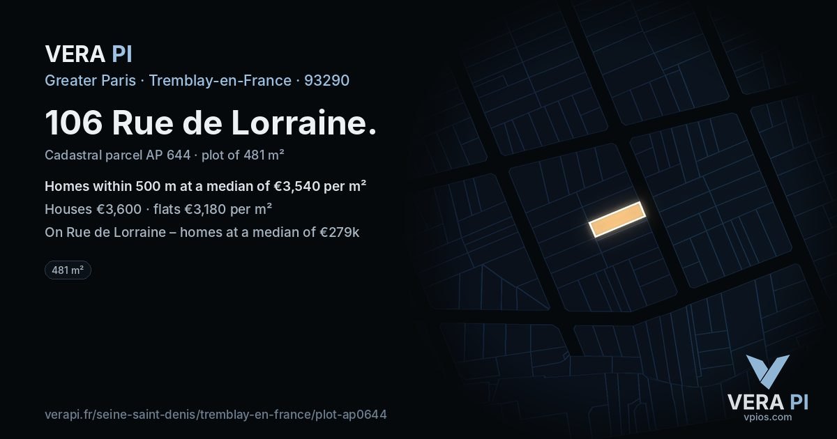 106 Rue de Lorraine, Tremblay-en-France at night – the plot lit, the parcels around coloured by the prices near them