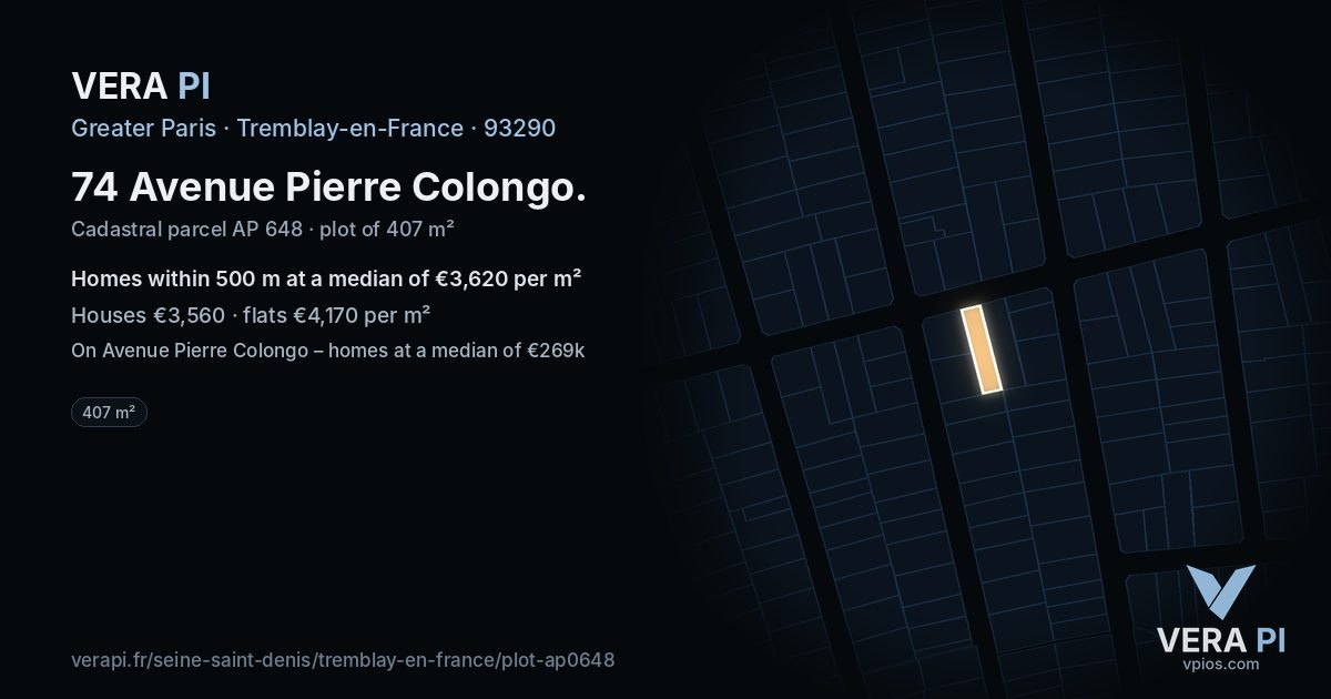 74 Avenue Pierre Colongo, Tremblay-en-France at night – the plot lit, the parcels around coloured by the prices near them