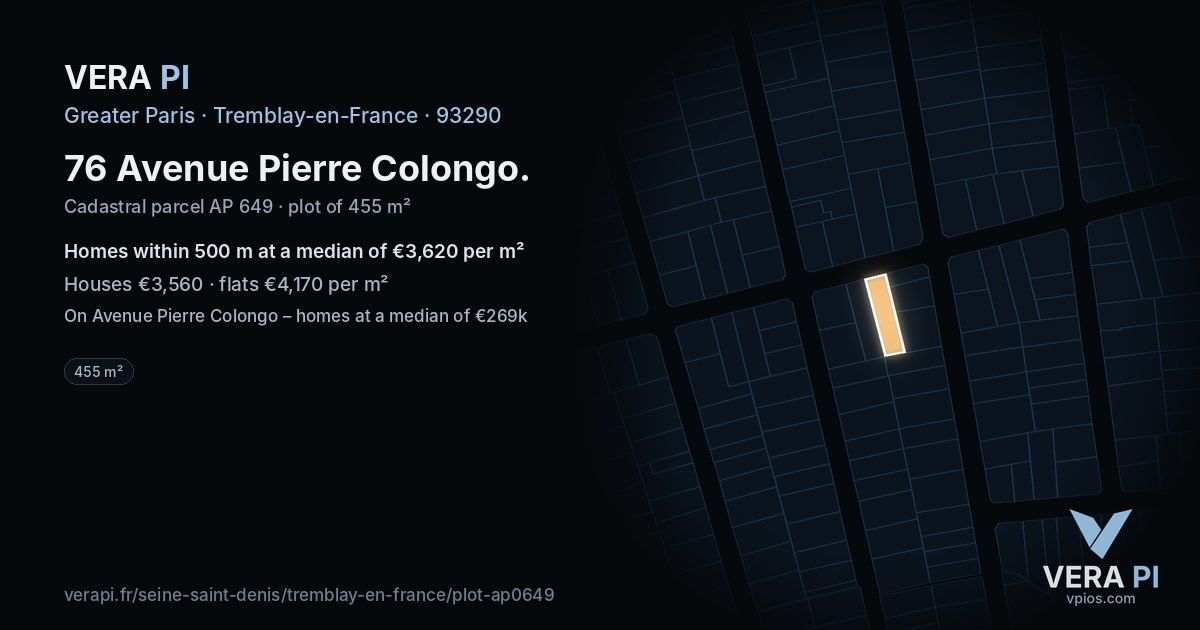 76 Avenue Pierre Colongo, Tremblay-en-France at night – the plot lit, the parcels around coloured by the prices near them