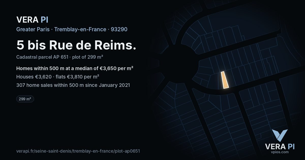 5 bis Rue de Reims, Tremblay-en-France at night – the plot lit, the parcels around coloured by the prices near them