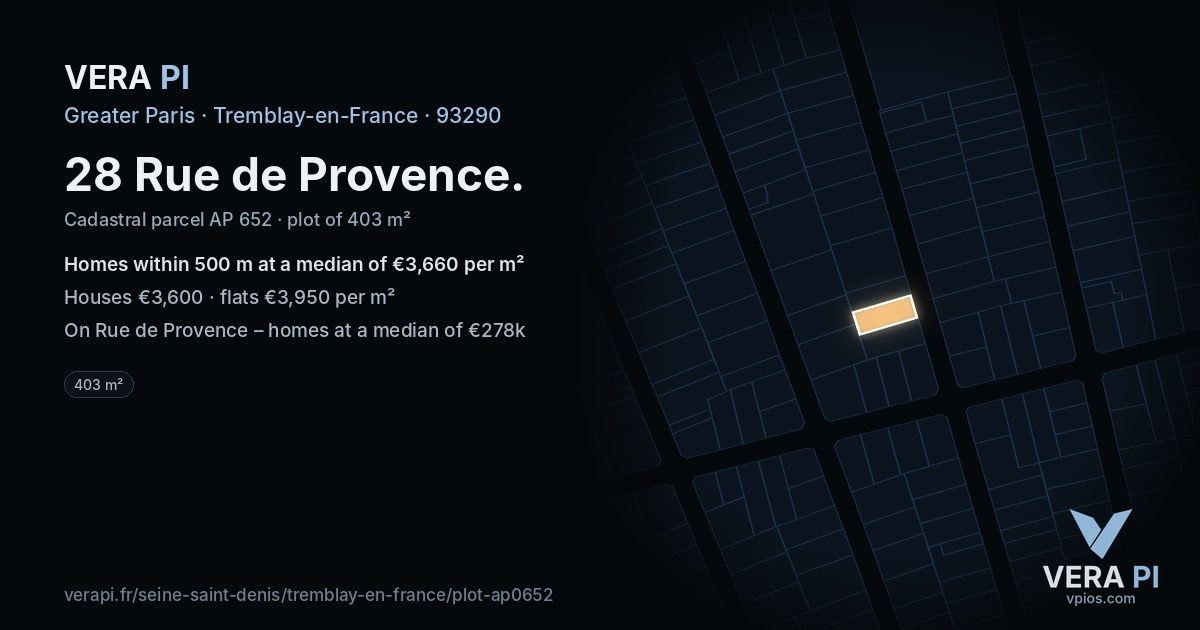 28 Rue de Provence, Tremblay-en-France at night – the plot lit, the parcels around coloured by the prices near them