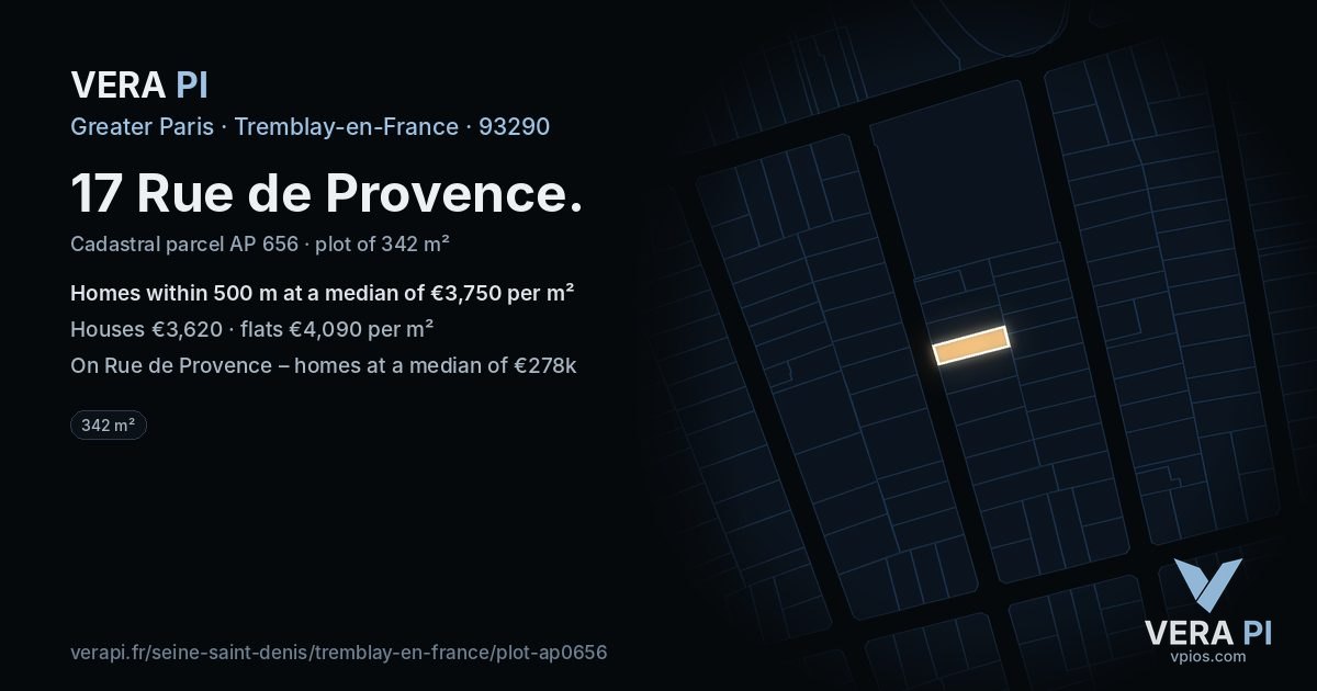 17 Rue de Provence, Tremblay-en-France at night – the plot lit, the parcels around coloured by the prices near them