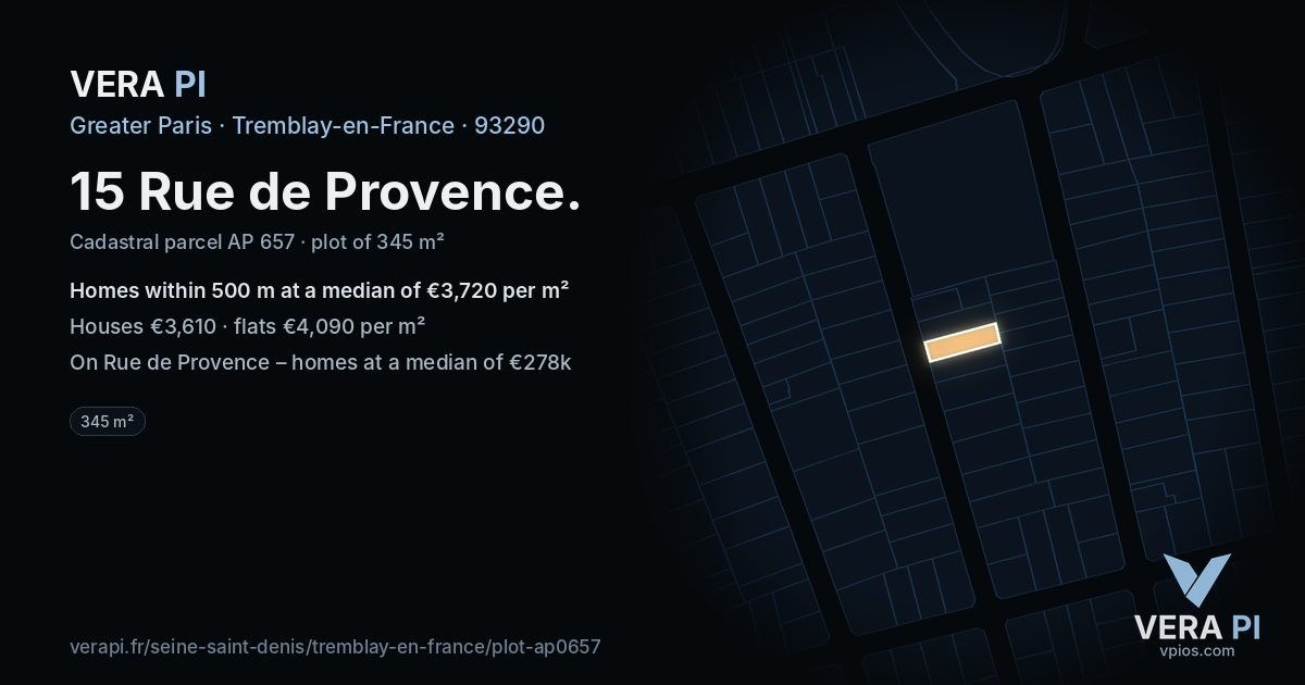 15 Rue de Provence, Tremblay-en-France at night – the plot lit, the parcels around coloured by the prices near them