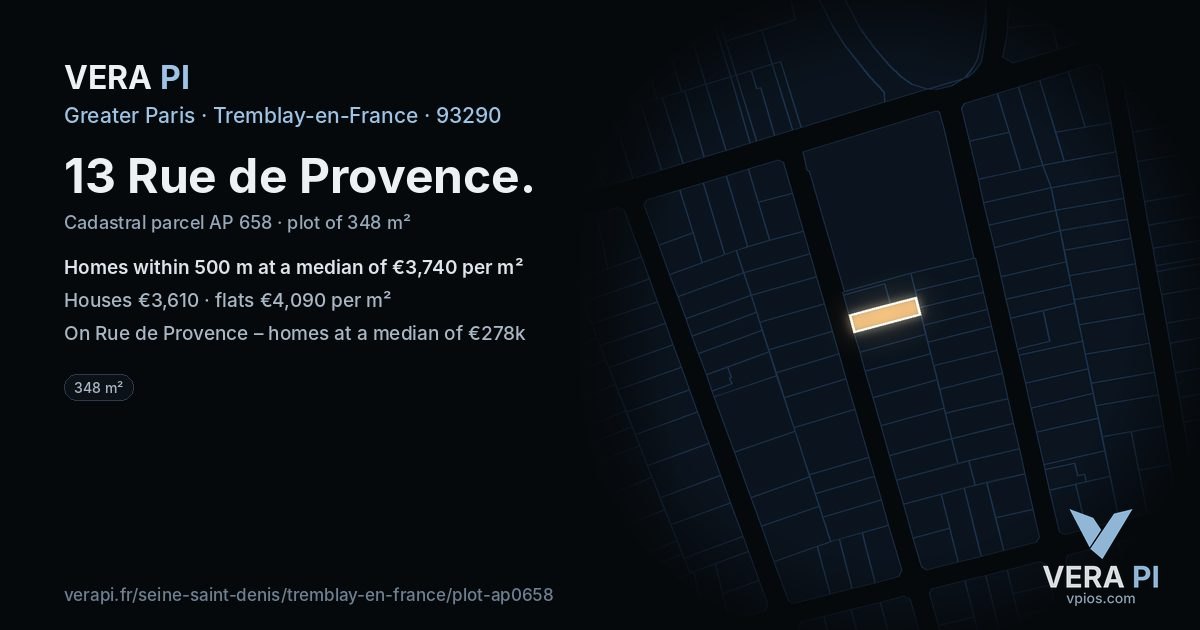 13 Rue de Provence, Tremblay-en-France at night – the plot lit, the parcels around coloured by the prices near them