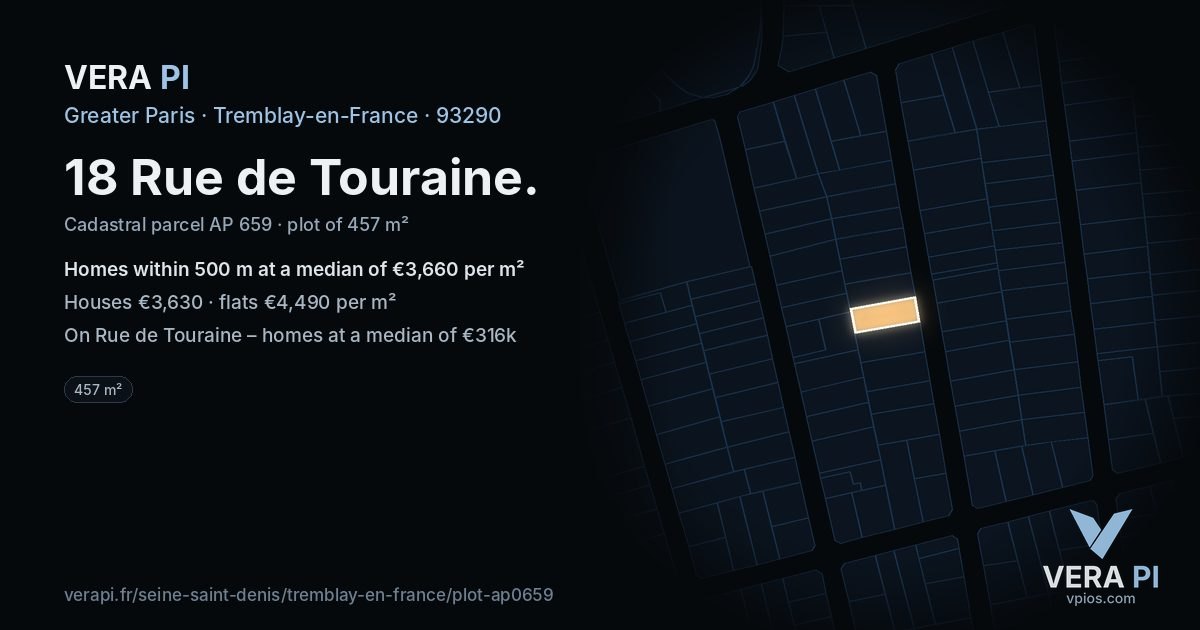 18 Rue de Touraine, Tremblay-en-France at night – the plot lit, the parcels around coloured by the prices near them