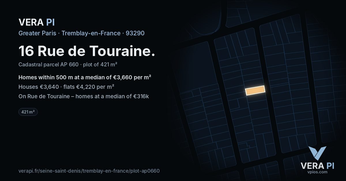 16 Rue de Touraine, Tremblay-en-France at night – the plot lit, the parcels around coloured by the prices near them