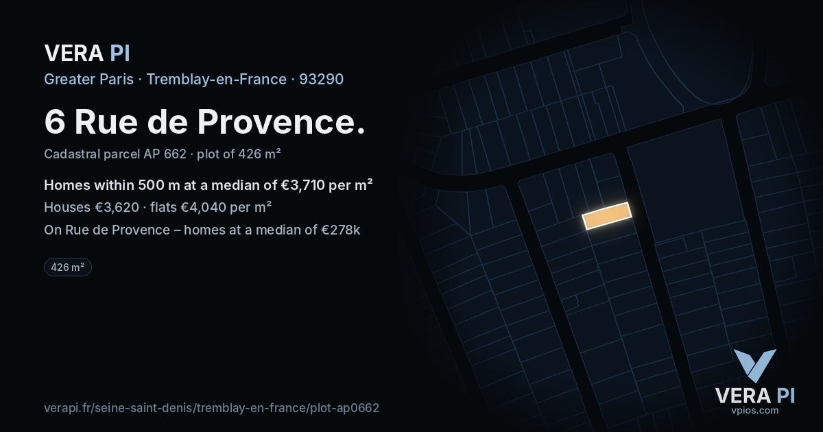 6 Rue de Provence, Tremblay-en-France at night – the plot lit, the parcels around coloured by the prices near them