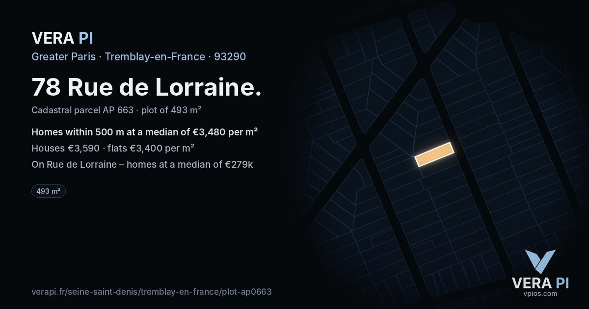 78 Rue de Lorraine, Tremblay-en-France at night – the plot lit, the parcels around coloured by the prices near them