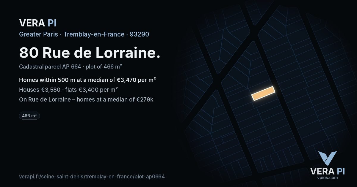 80 Rue de Lorraine, Tremblay-en-France at night – the plot lit, the parcels around coloured by the prices near them