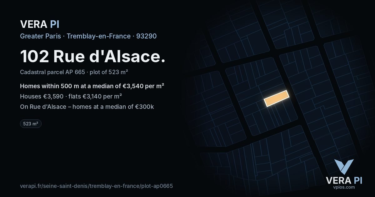 102 Rue d'Alsace, Tremblay-en-France at night – the plot lit, the parcels around coloured by the prices near them