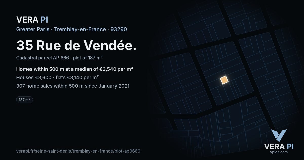 35 Rue de Vendée, Tremblay-en-France at night – the plot lit, the parcels around coloured by the prices near them