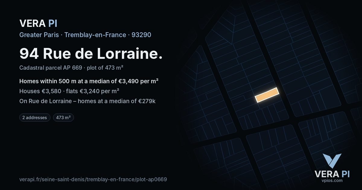 94 Rue de Lorraine, Tremblay-en-France at night – the plot lit, the parcels around coloured by the prices near them