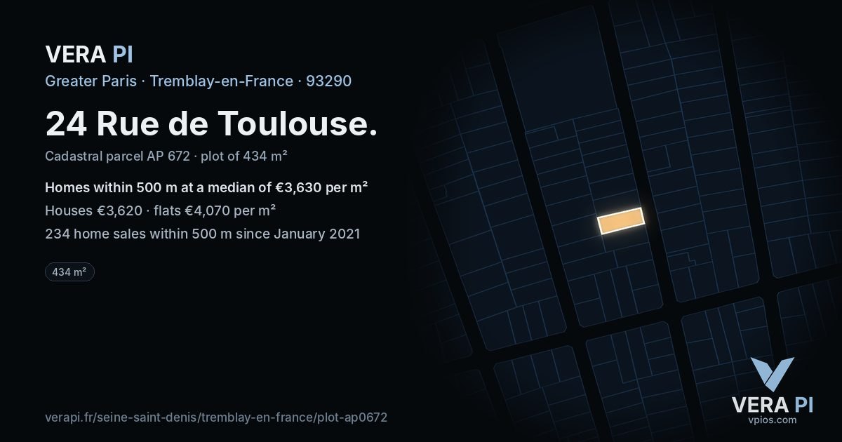 24 Rue de Toulouse, Tremblay-en-France at night – the plot lit, the parcels around coloured by the prices near them
