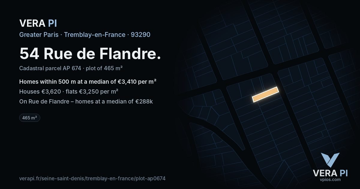 54 Rue de Flandre, Tremblay-en-France at night – the plot lit, the parcels around coloured by the prices near them