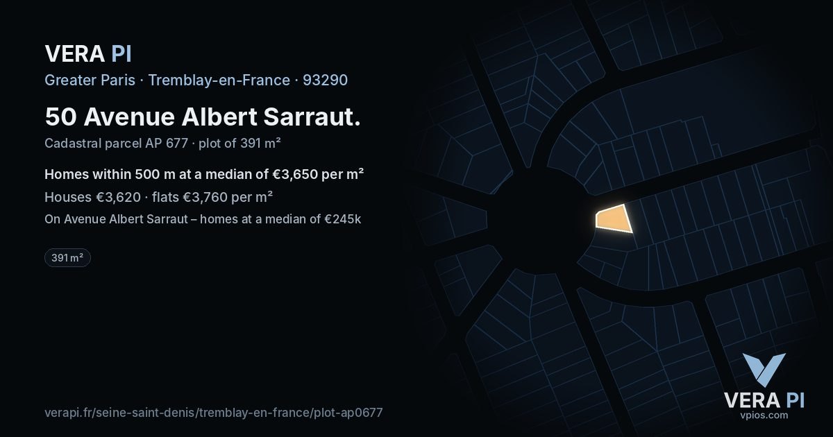 50 Avenue Albert Sarraut, Tremblay-en-France at night – the plot lit, the parcels around coloured by the prices near them
