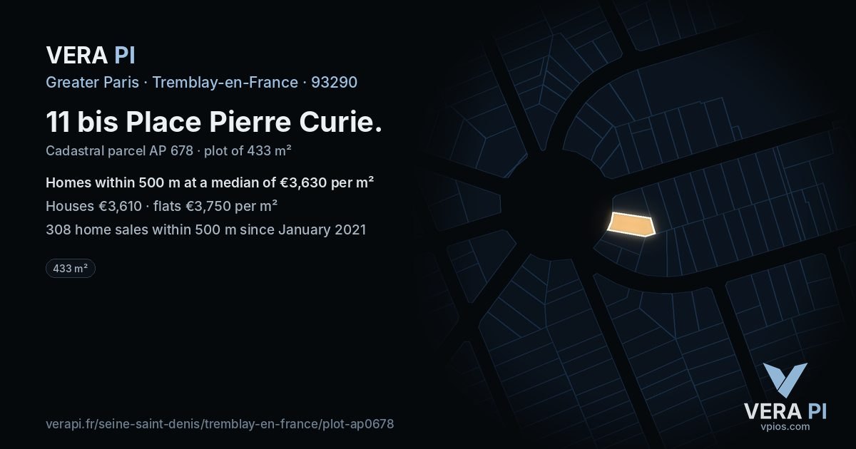 11 bis Place Pierre Curie, Tremblay-en-France at night – the plot lit, the parcels around coloured by the prices near them