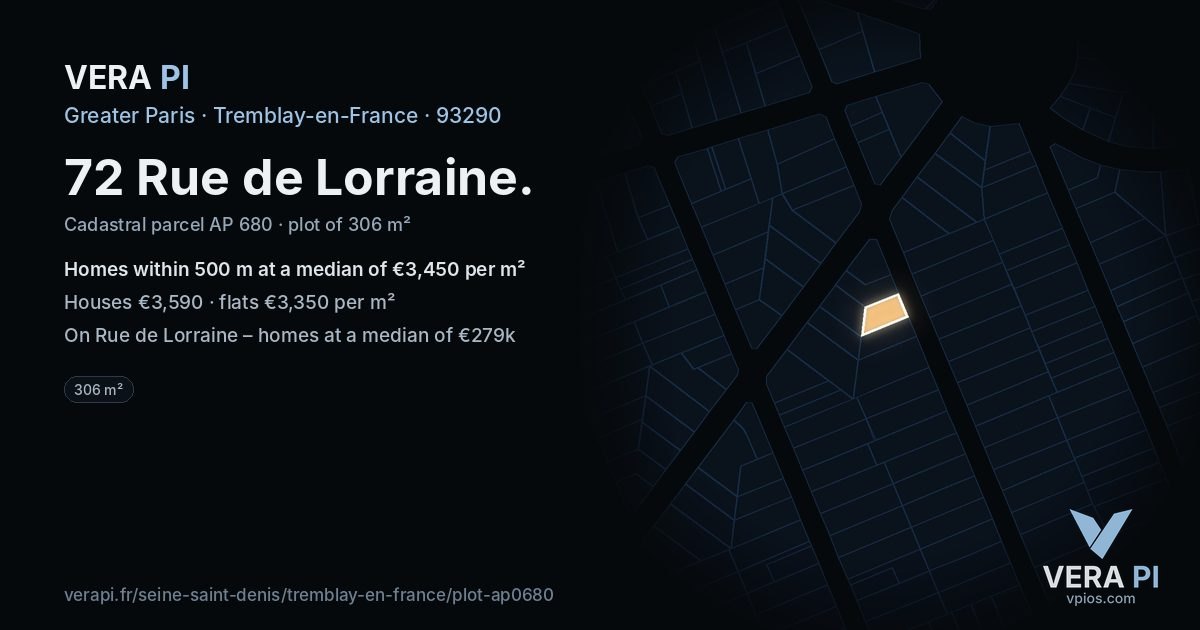 72 Rue de Lorraine, Tremblay-en-France at night – the plot lit, the parcels around coloured by the prices near them