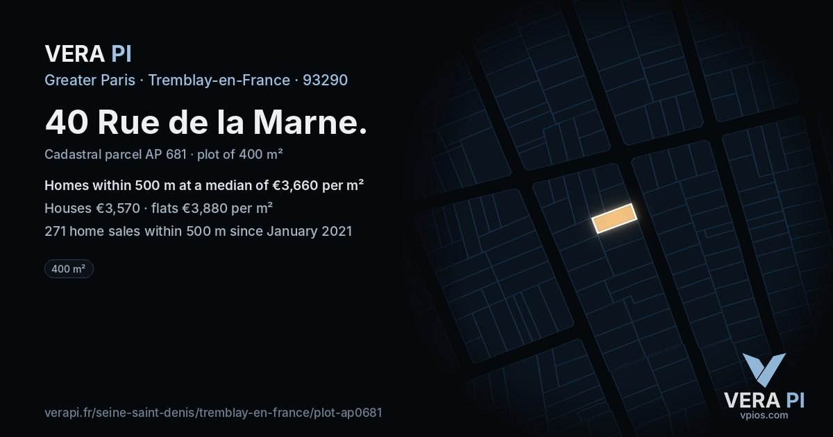 40 Rue de la Marne, Tremblay-en-France at night – the plot lit, the parcels around coloured by the prices near them