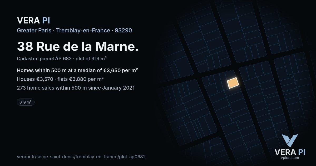 38 Rue de la Marne, Tremblay-en-France at night – the plot lit, the parcels around coloured by the prices near them
