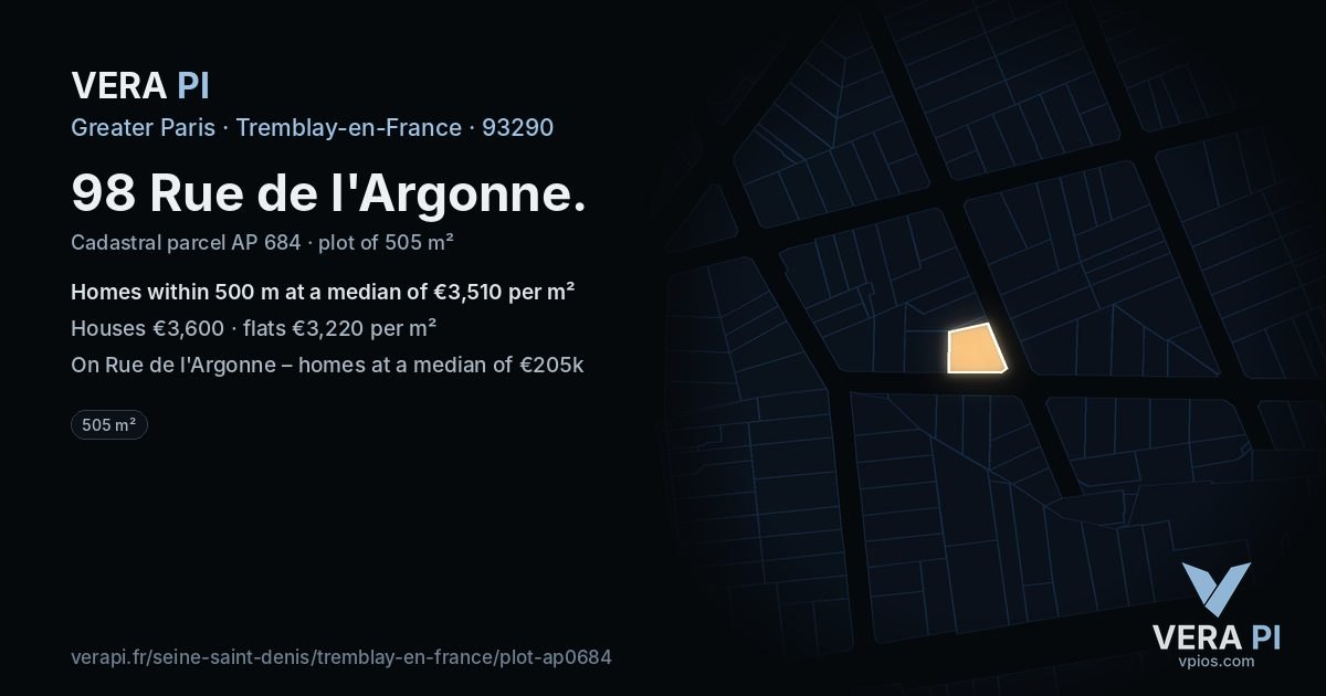 98 Rue de l'Argonne, Tremblay-en-France at night – the plot lit, the parcels around coloured by the prices near them
