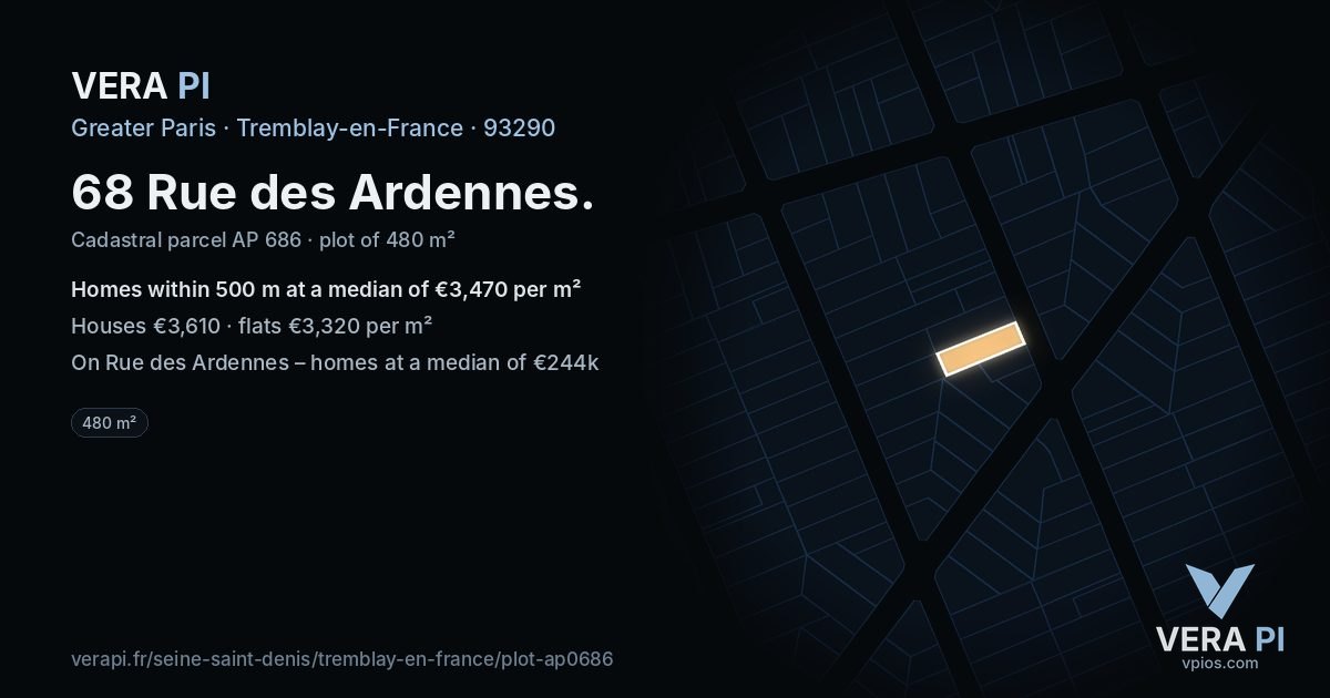 68 Rue des Ardennes, Tremblay-en-France at night – the plot lit, the parcels around coloured by the prices near them