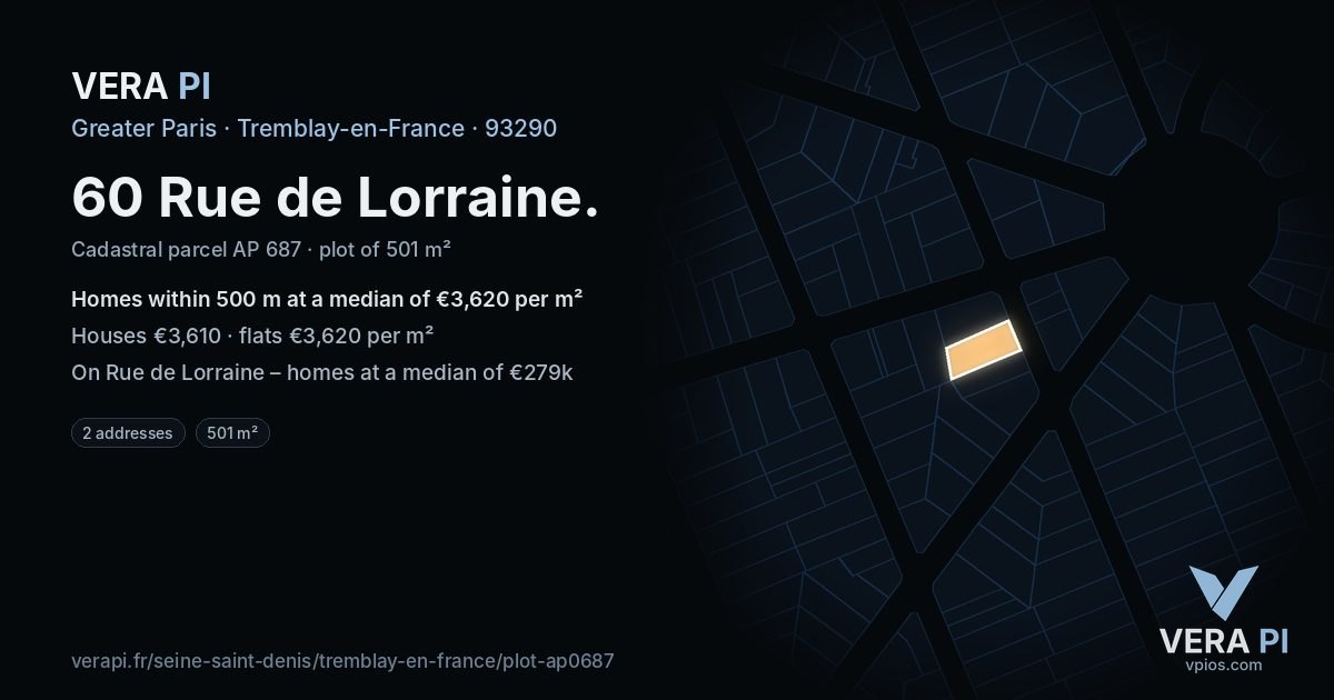 60 Rue de Lorraine, Tremblay-en-France at night – the plot lit, the parcels around coloured by the prices near them