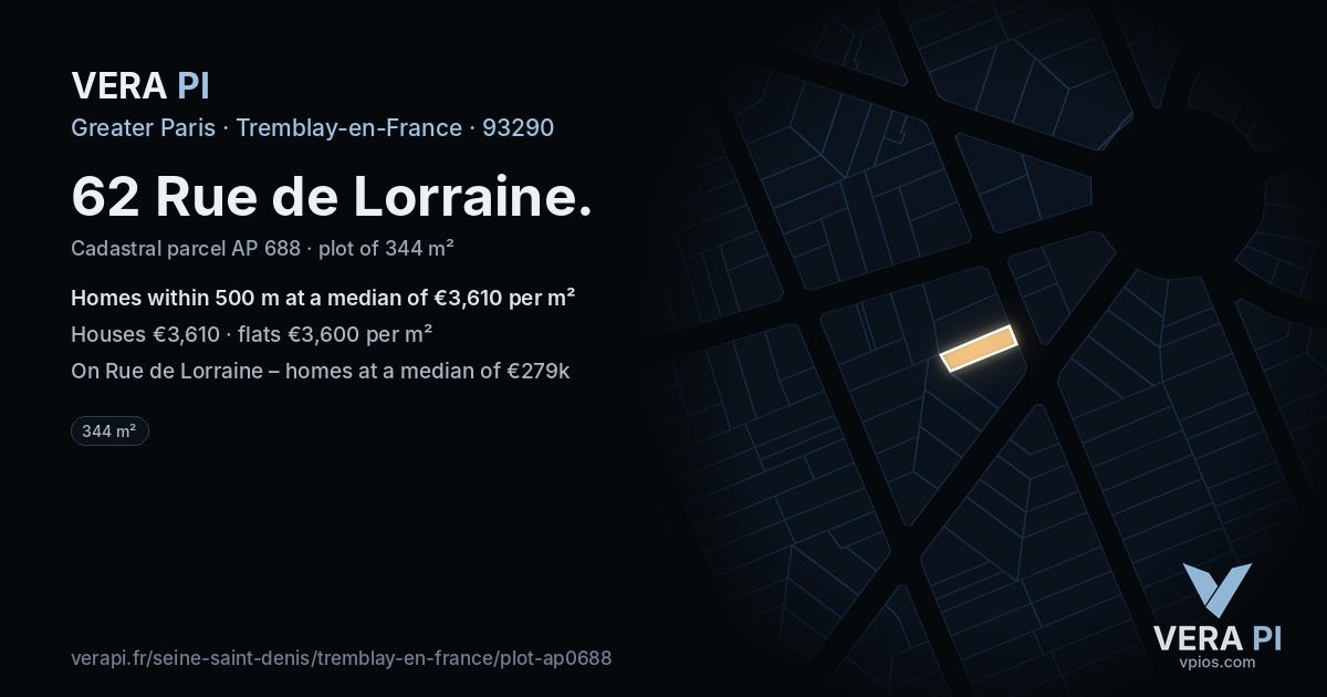 62 Rue de Lorraine, Tremblay-en-France at night – the plot lit, the parcels around coloured by the prices near them