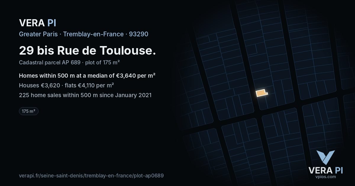 29 bis Rue de Toulouse, Tremblay-en-France at night – the plot lit, the parcels around coloured by the prices near them