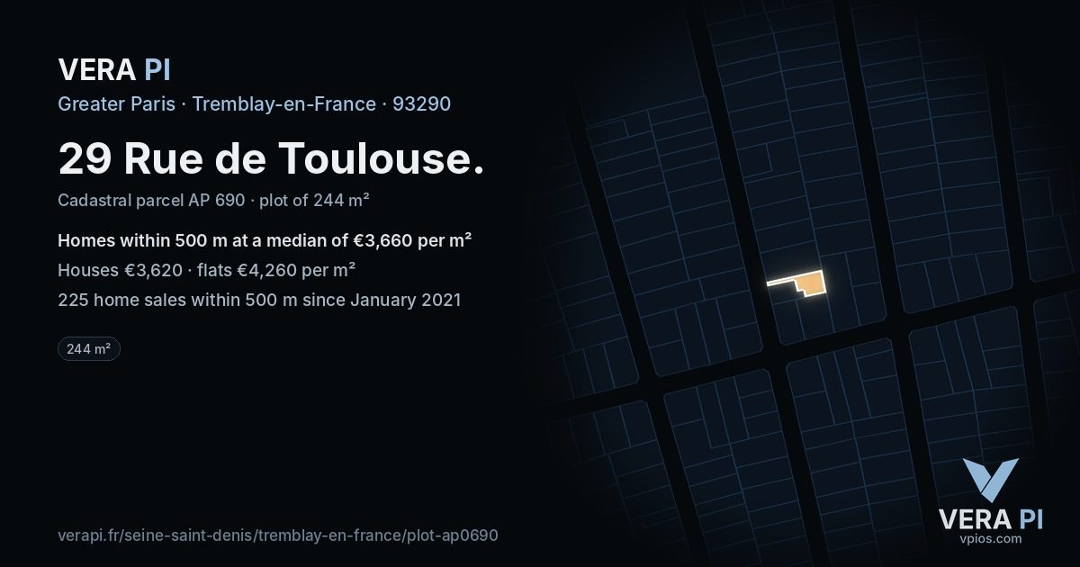 29 Rue de Toulouse, Tremblay-en-France at night – the plot lit, the parcels around coloured by the prices near them