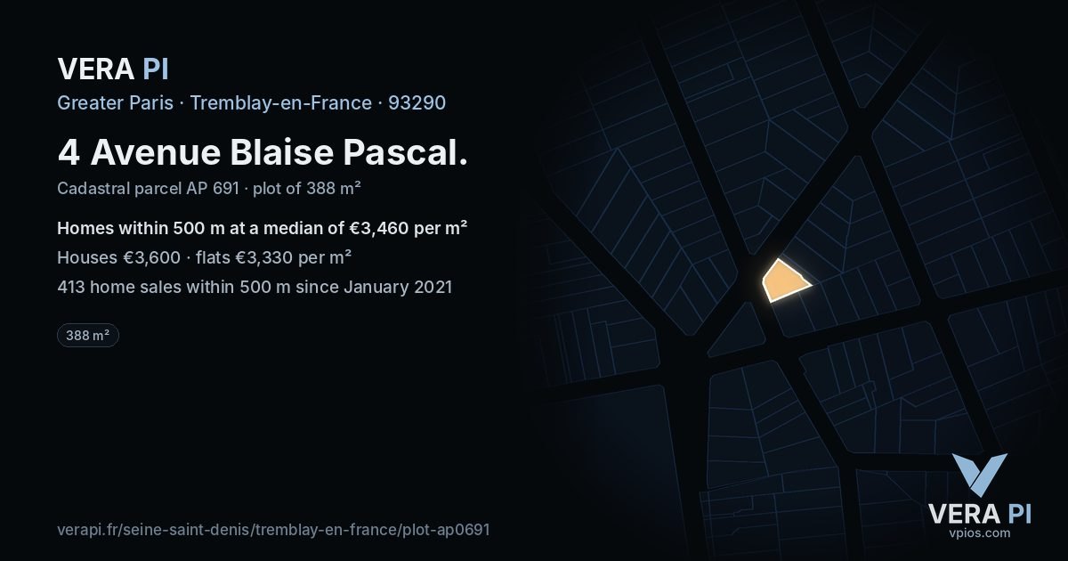 4 Avenue Blaise Pascal, Tremblay-en-France at night – the plot lit, the parcels around coloured by the prices near them