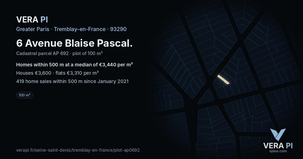 6 Avenue Blaise Pascal, Tremblay-en-France at night – the plot lit, the parcels around coloured by the prices near them