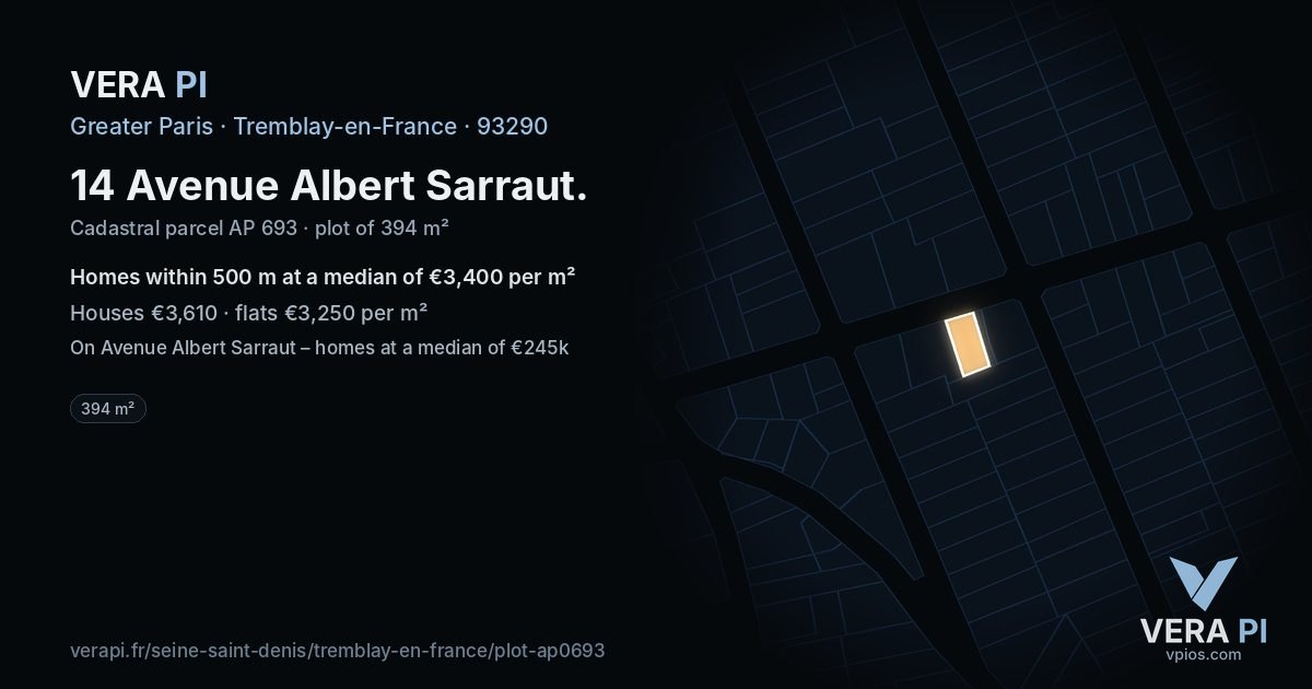 14 Avenue Albert Sarraut, Tremblay-en-France at night – the plot lit, the parcels around coloured by the prices near them