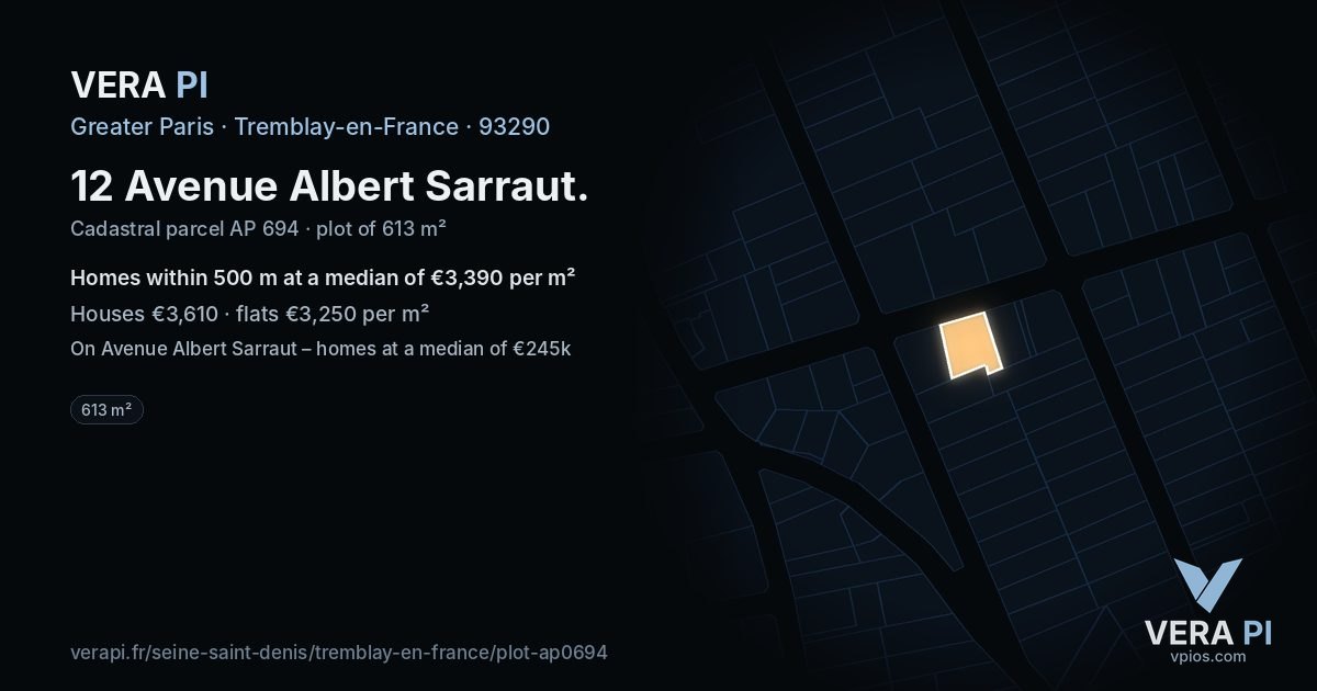 12 Avenue Albert Sarraut, Tremblay-en-France at night – the plot lit, the parcels around coloured by the prices near them
