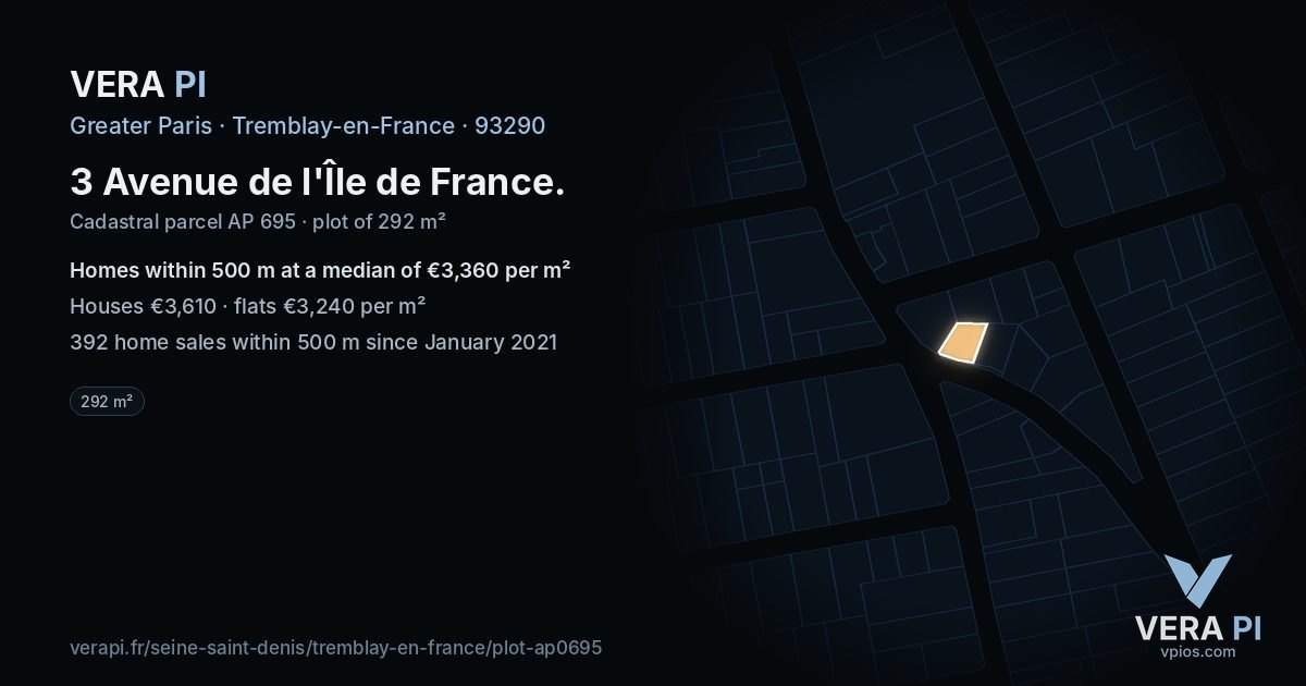 3 Avenue de l'Île de France, Tremblay-en-France at night – the plot lit, the parcels around coloured by the prices near them